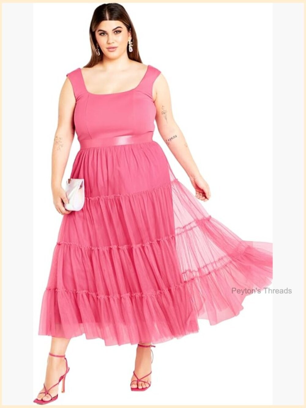 Plus Size Fitted Midi Dress with Ruffled Tulle Overlay